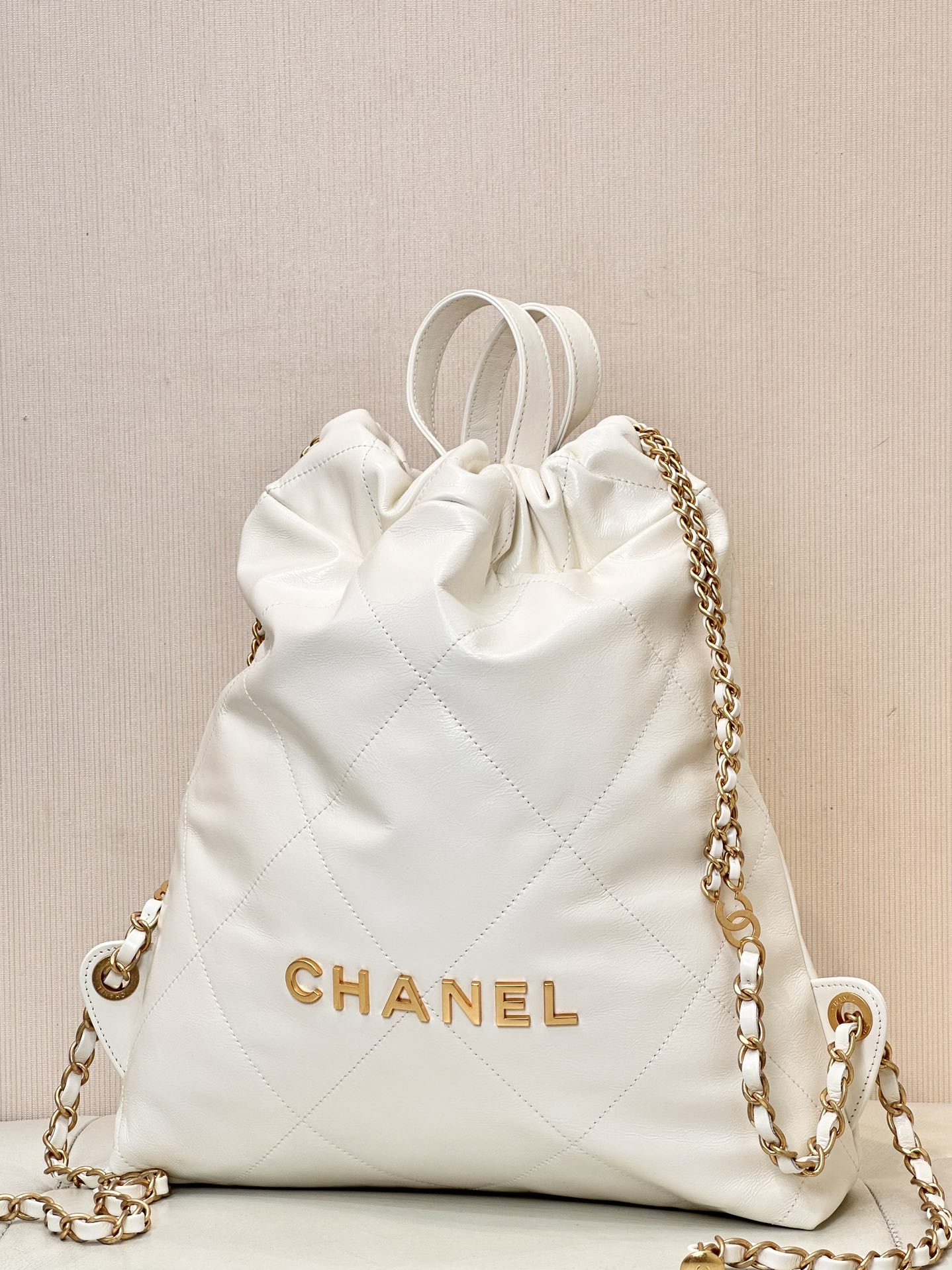 CHANEL Backpacks Shiny Calfskin & Gold-Tone Metal White- AS3859