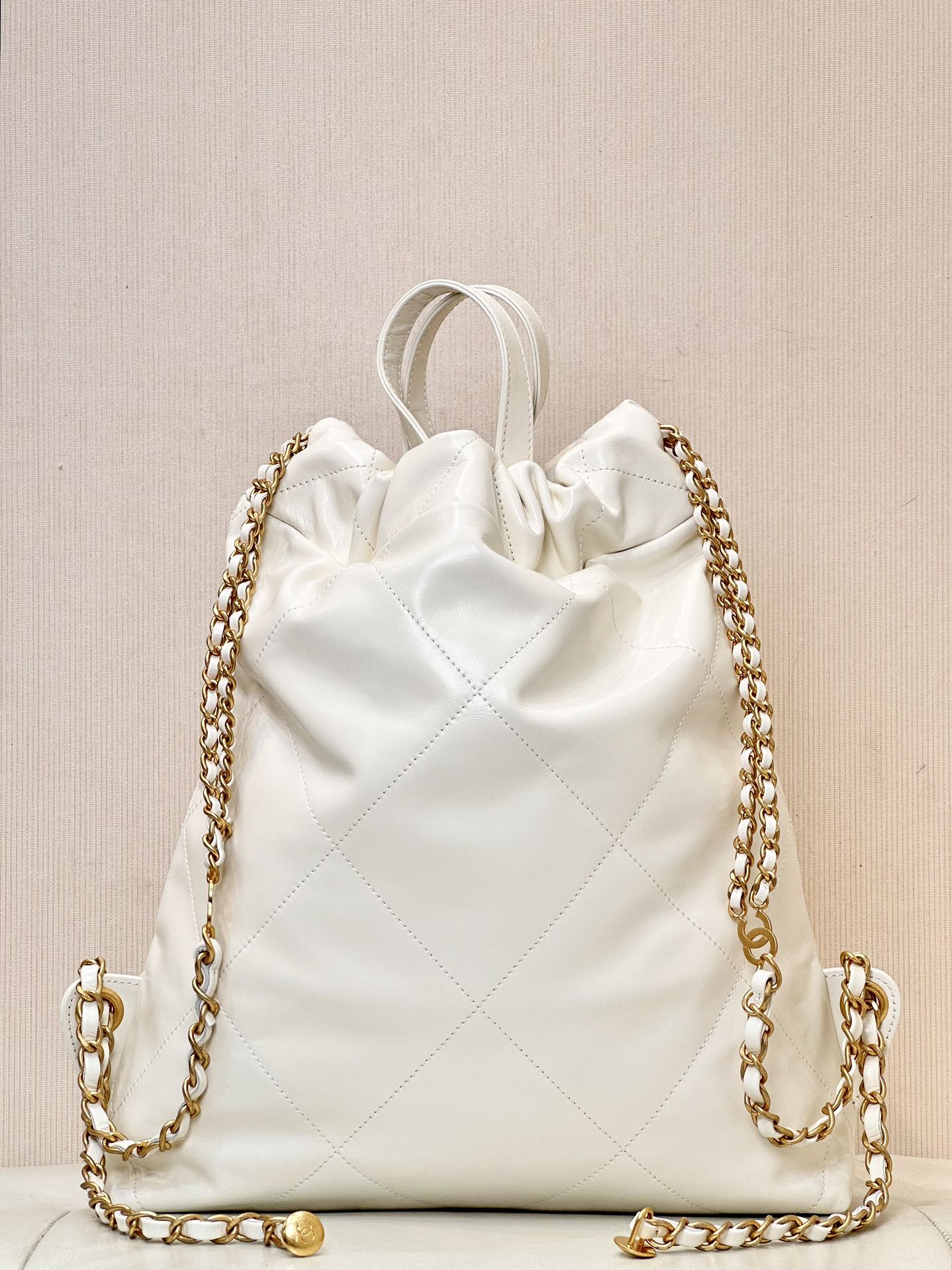 CHANEL Backpacks Shiny Calfskin & Gold-Tone Metal White- AS3859