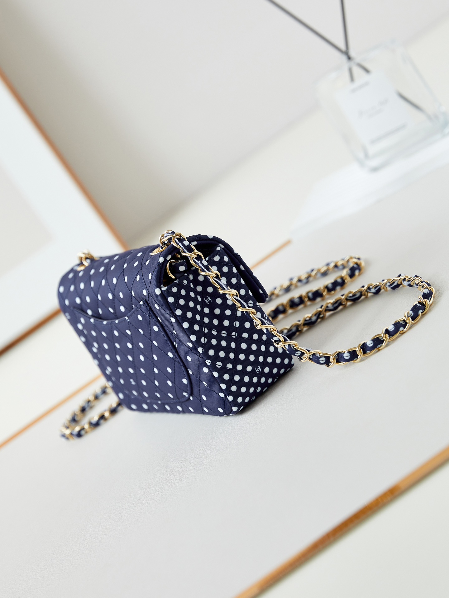 CHANEL Mini Classic Handbag & Gold-Tone Metal Blue Spots-A69900