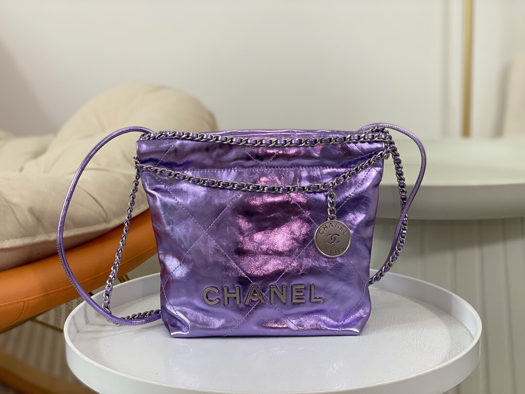 CHANEL  22 Mini HandbagMetallic Lambskin & Lacquered Metal Dark Purple- AS3980