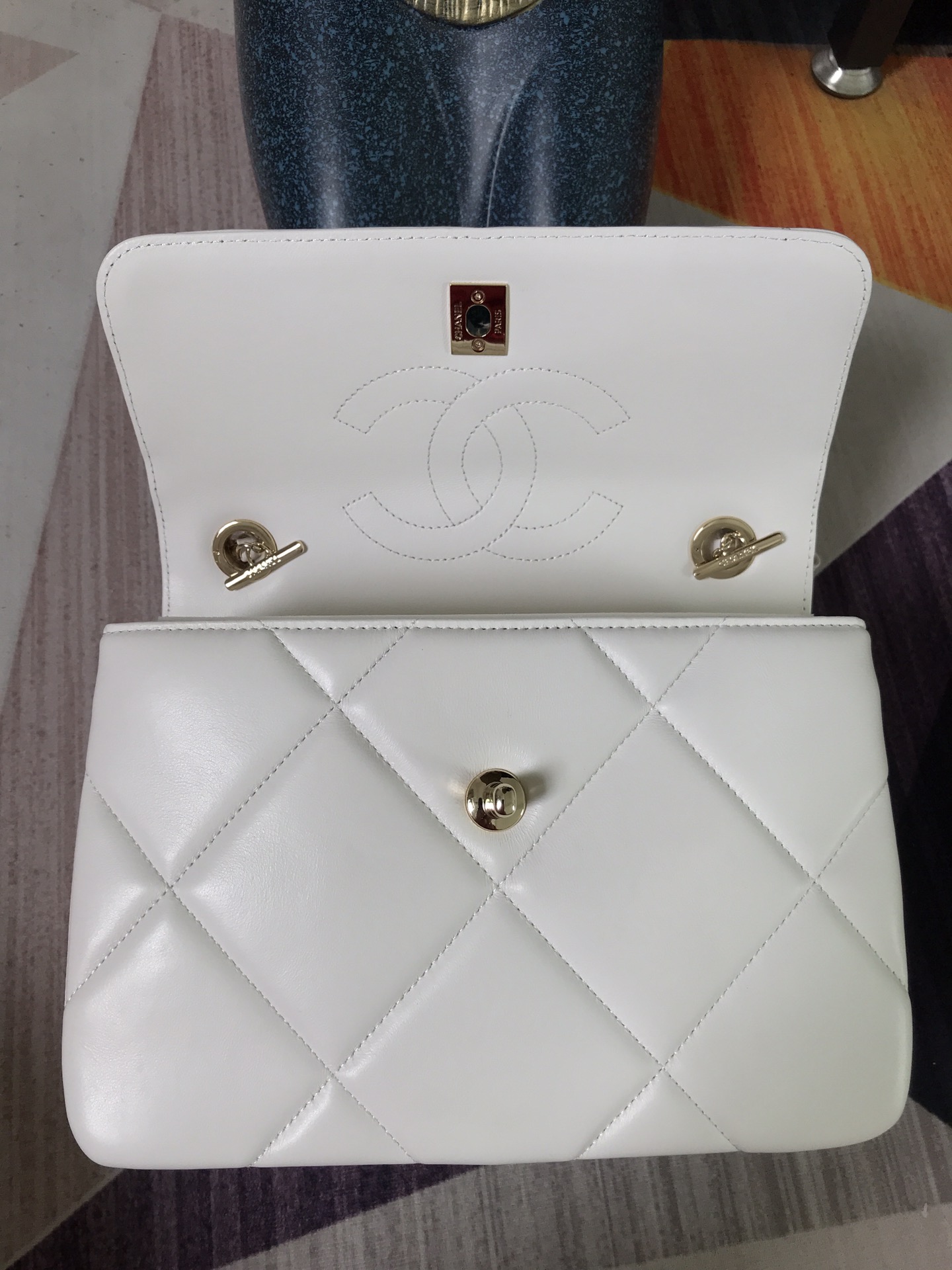 CHANEL Flap Bag With Top Handle Lambskin White-A92236