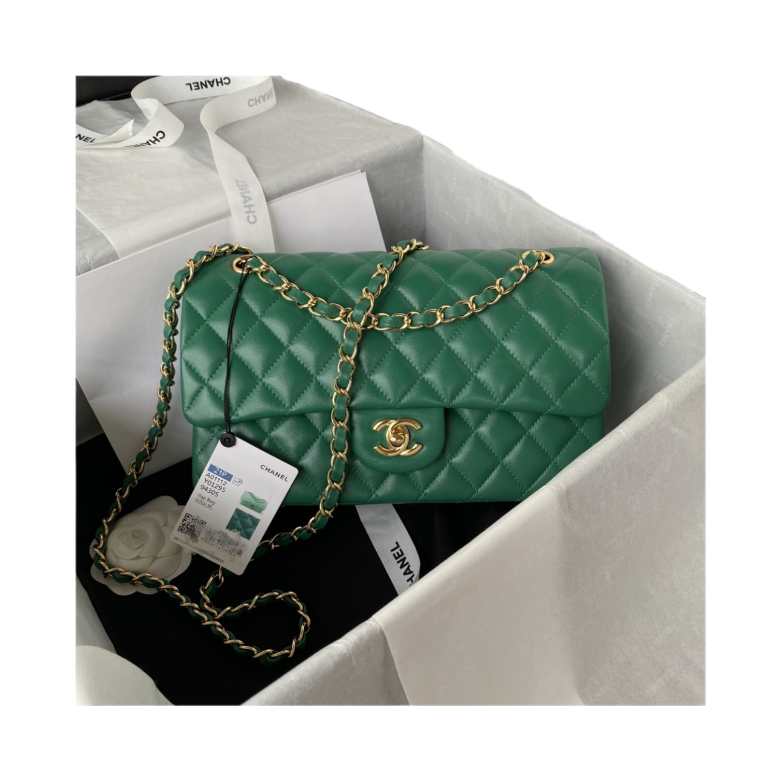 CHANEL CLASSIC 11.12 HANDBAG Lambskin & Brown Metal Green2-A01112