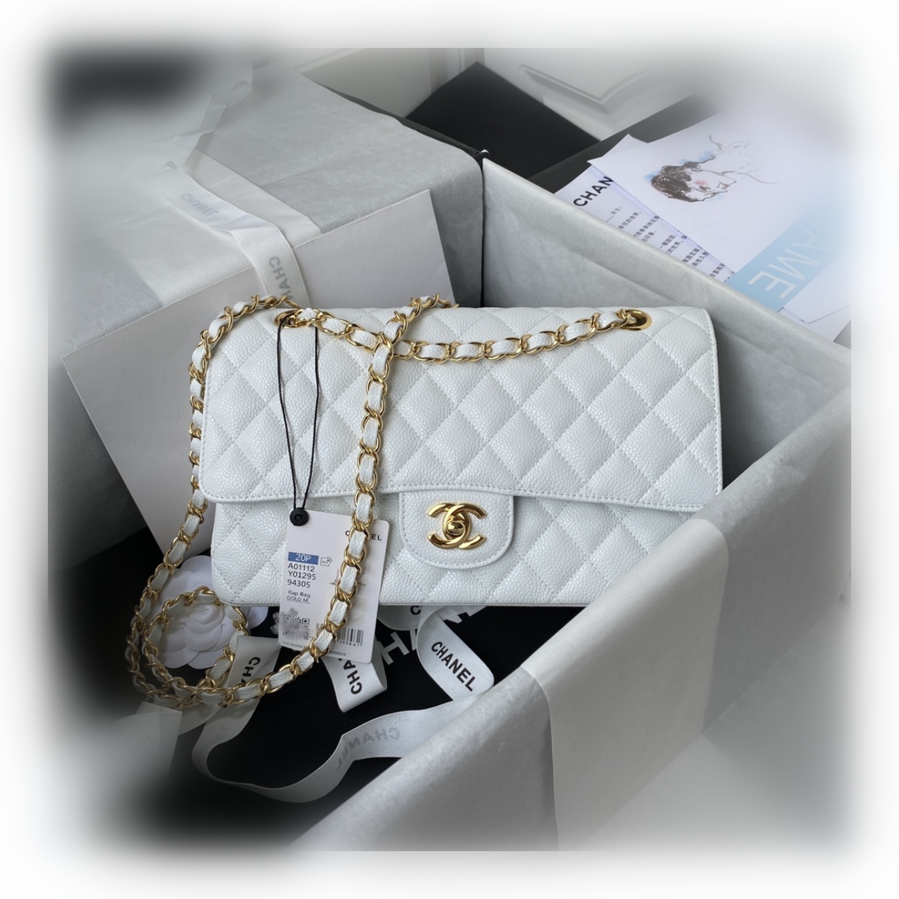 CHANEL CLASSIC 11.12 HANDBAG Lambskin & Brown Metal White-A01112