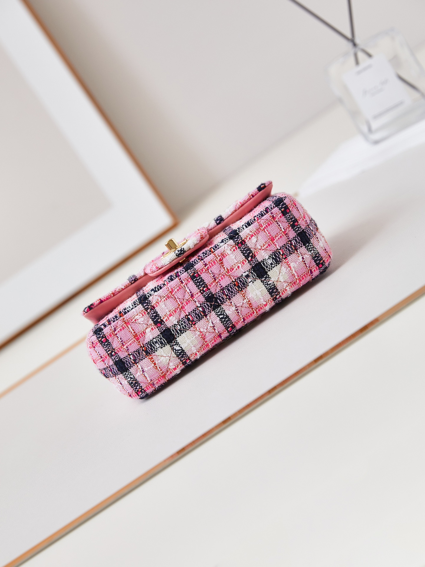 CHANEL Mini Classic Handbag & Gold-Tone Metal Pink Stripe-A69900