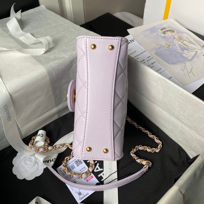 CHANEL  Mini Flap Bag with Top Handle Grained Shiny Calfskin & Gold-Tone Metal Light Purple-AS4956