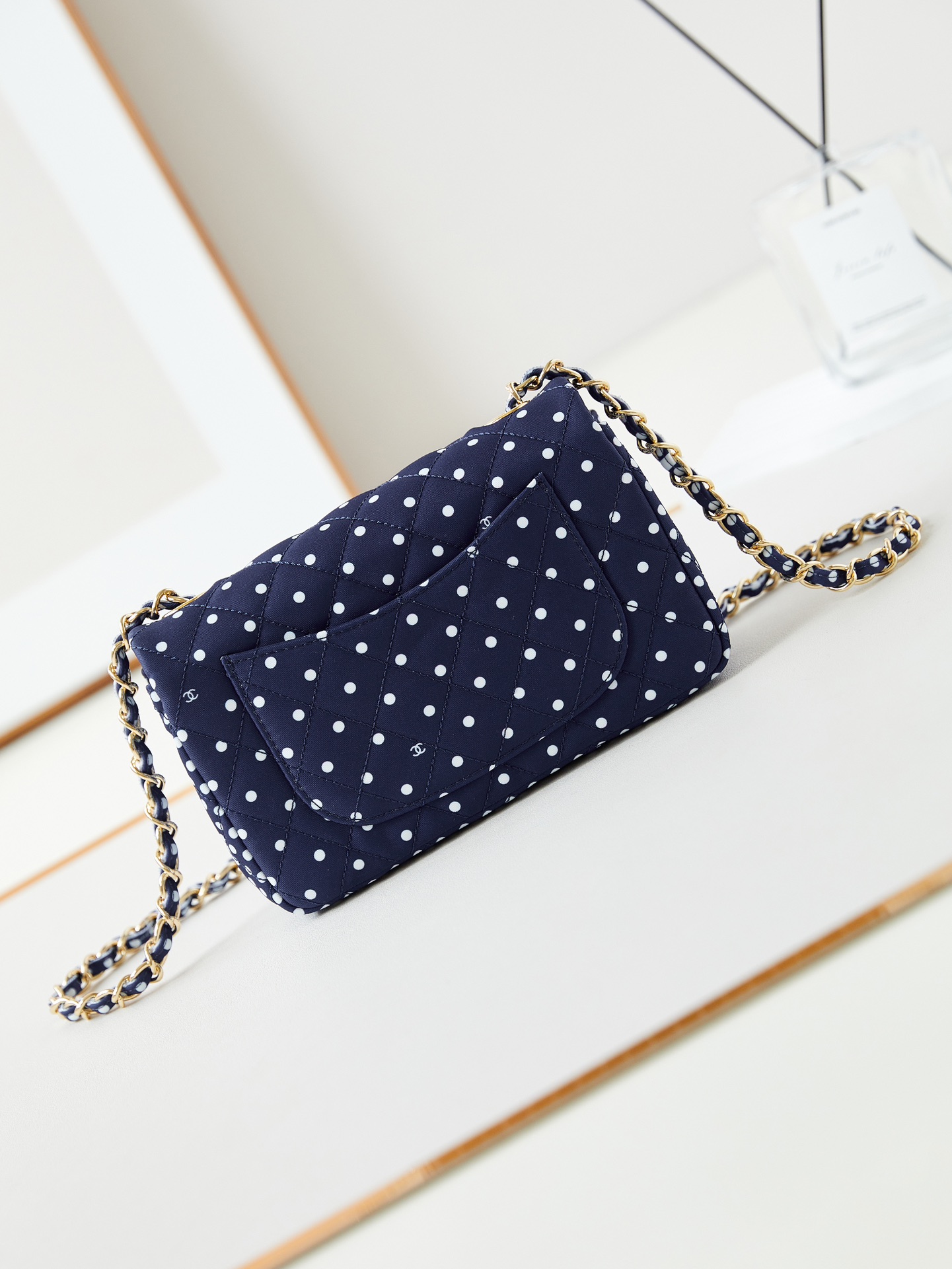 CHANEL Mini Classic Handbag & Gold-Tone Metal Blue Spots-A69900