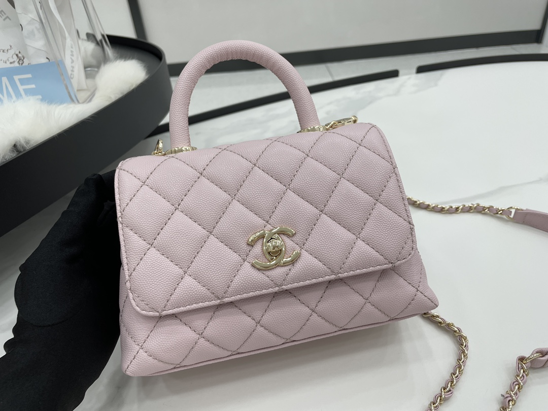 CHANEL Mini flap bag with handle Grain embossed calf leather with gold coloured metal Pink-AS2215