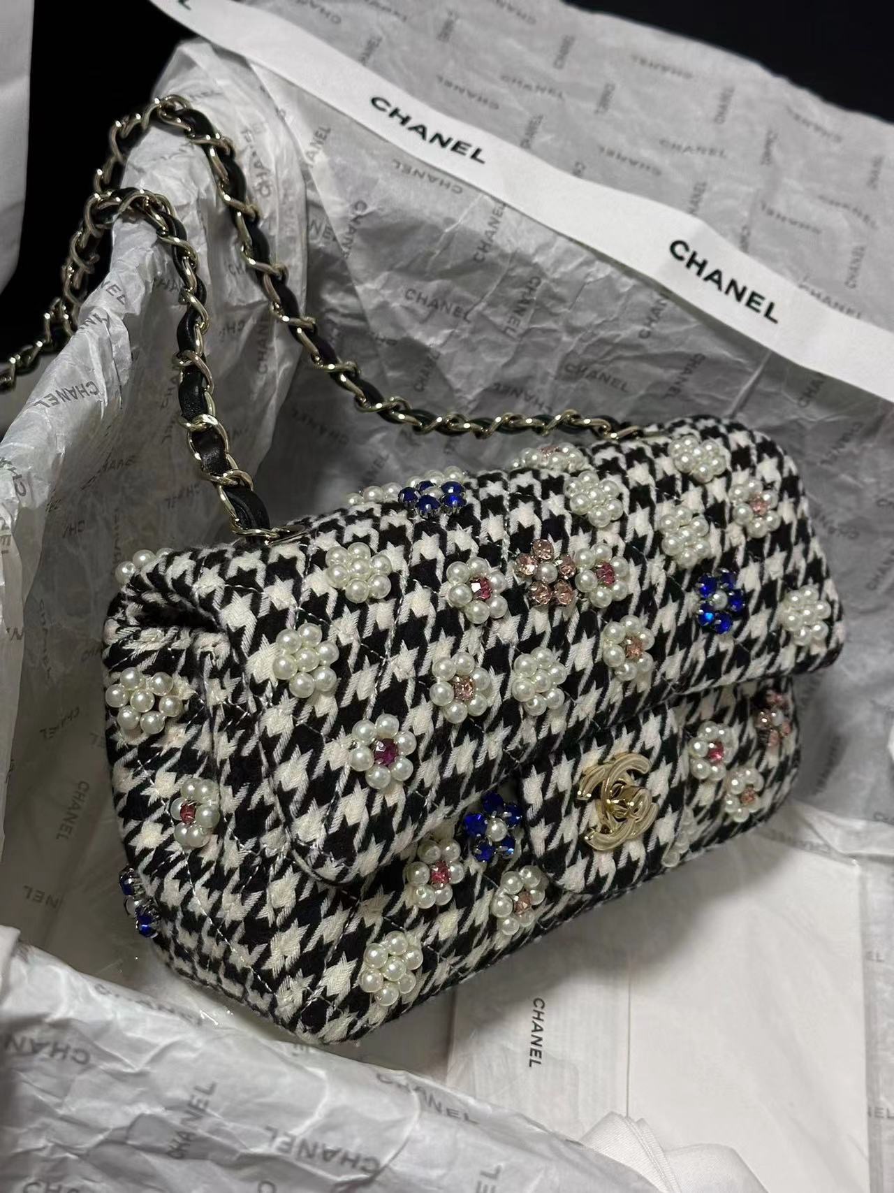 CHANEL Mini Classic Handbag Embroidered Tweed, Imitation Pearls, Strass & Gold-Tone Metal Black & White-A69900
