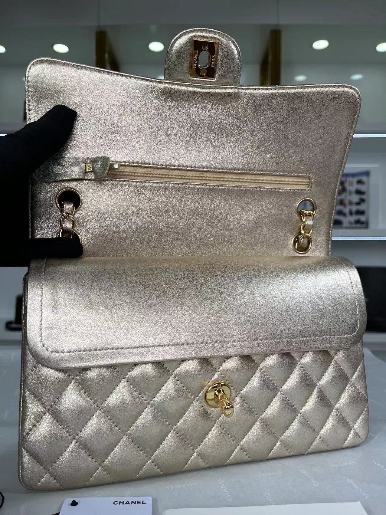 CHANEL CLASSIC 11.12 HANDBAG Lambskin & Brown Metal Gold-A01112