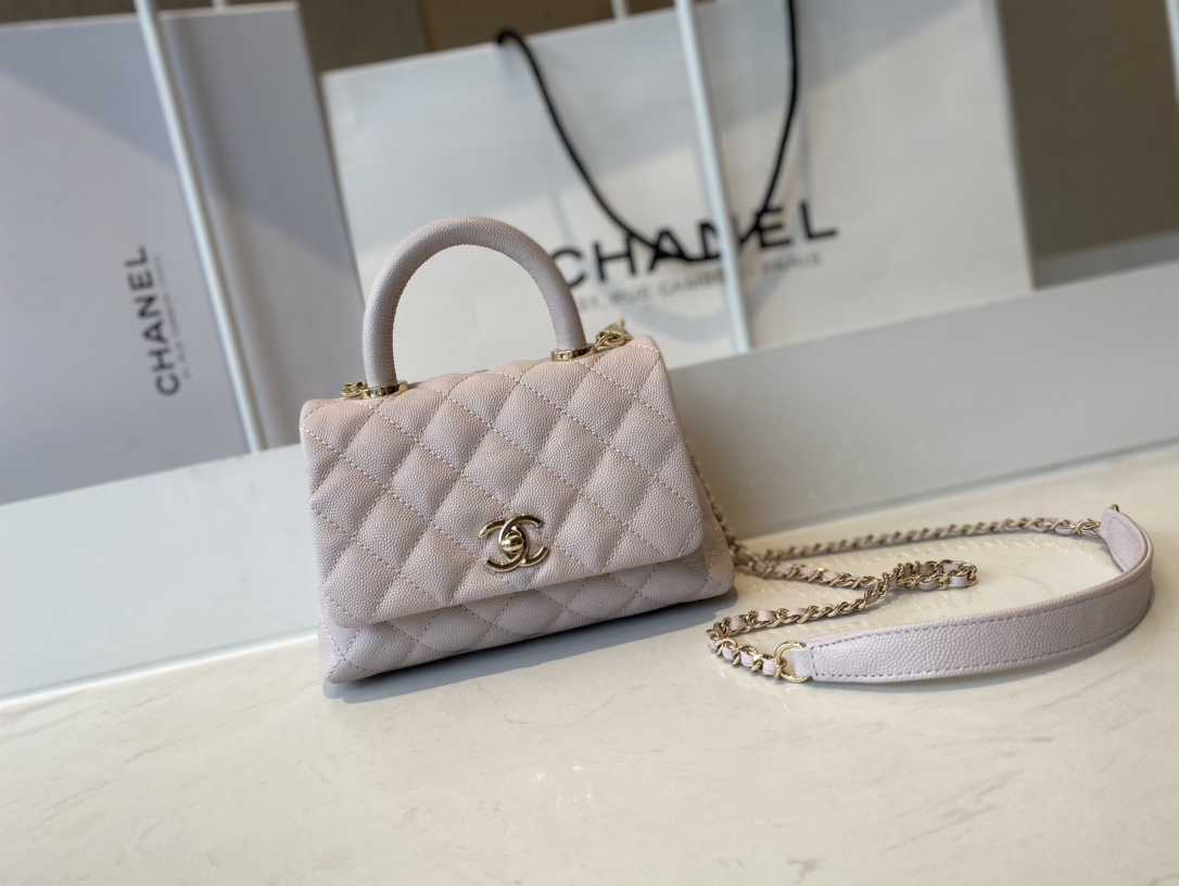 CHANEL Mini flap bag with handle Grain embossed calf leather with gold coloured metal pale gold-AS2215