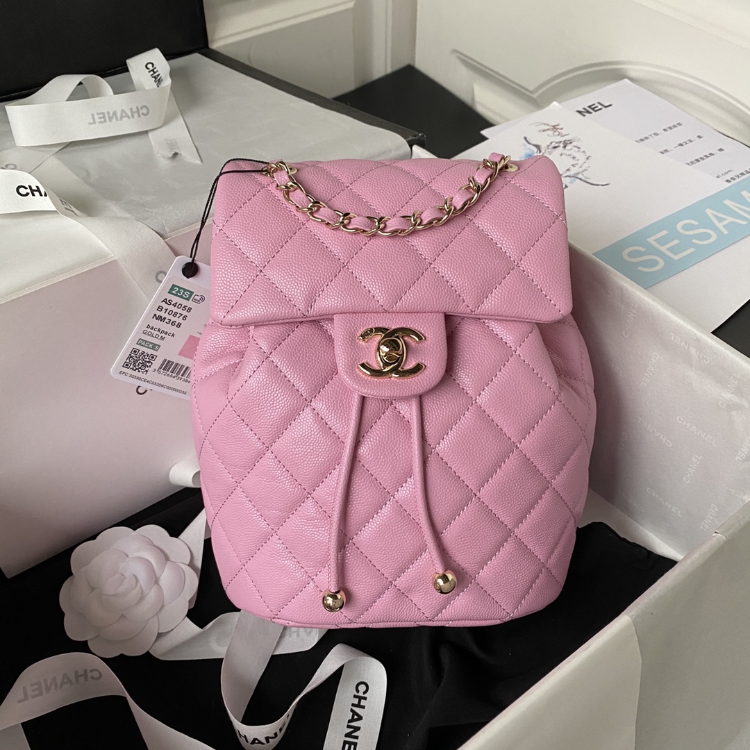 CHANEL Backpacks Grain-embossed shiny calf leather with gold-coloured metal Rose Pink-AS4058