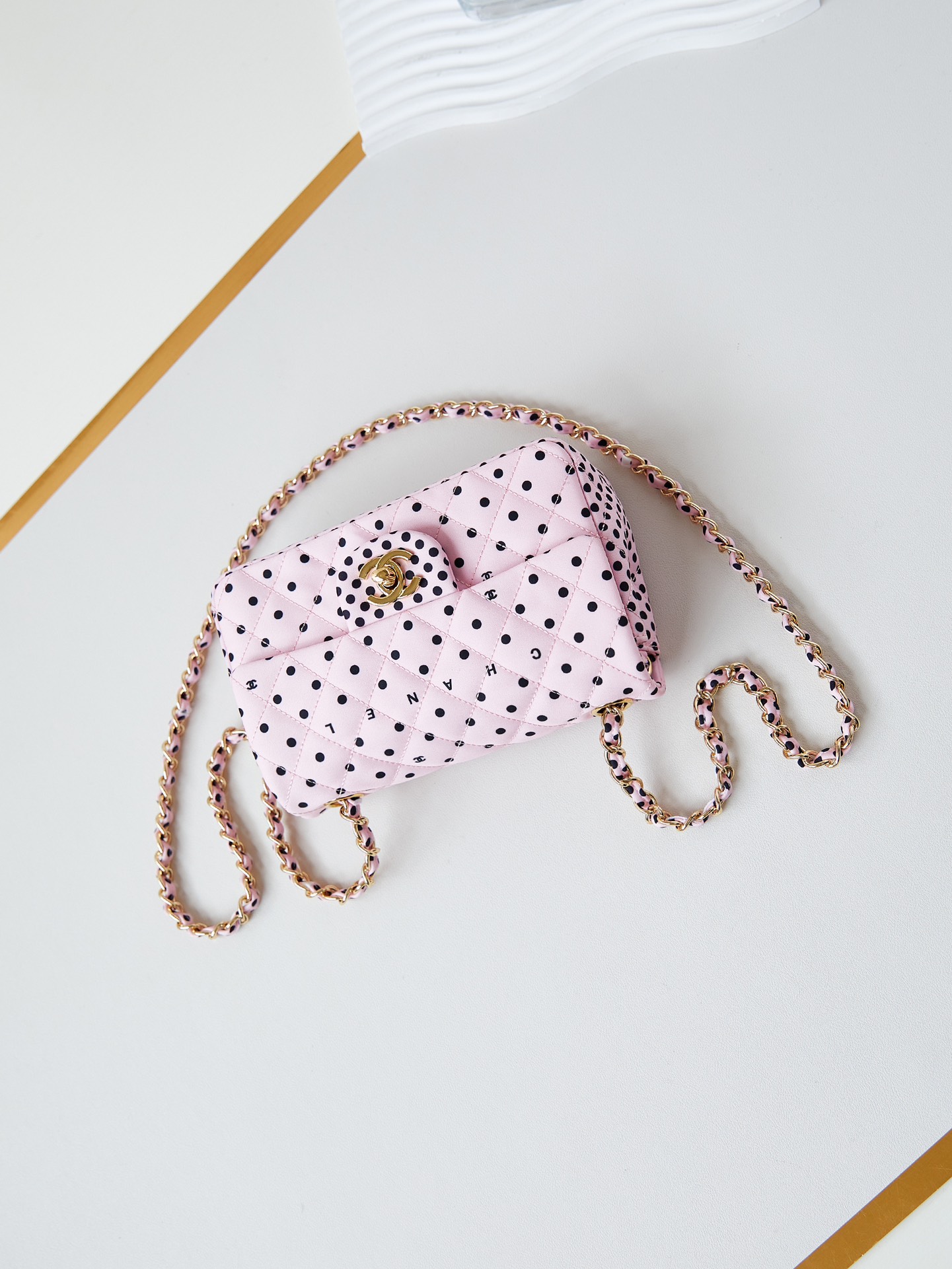 CHANEL Mini Classic Handbag & Gold-Tone Metal Pink Spots-A69900