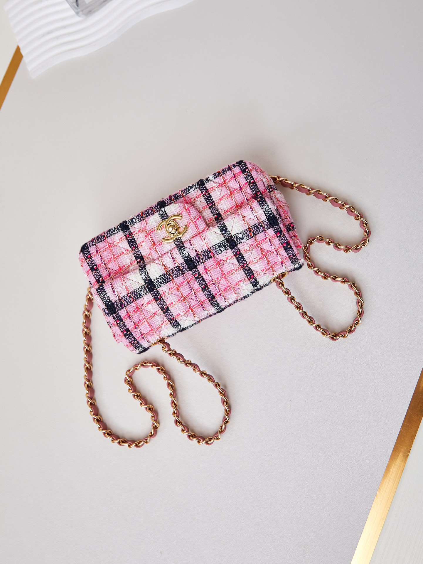 CHANEL Mini Classic Handbag & Gold-Tone Metal Pink Stripe-A69900