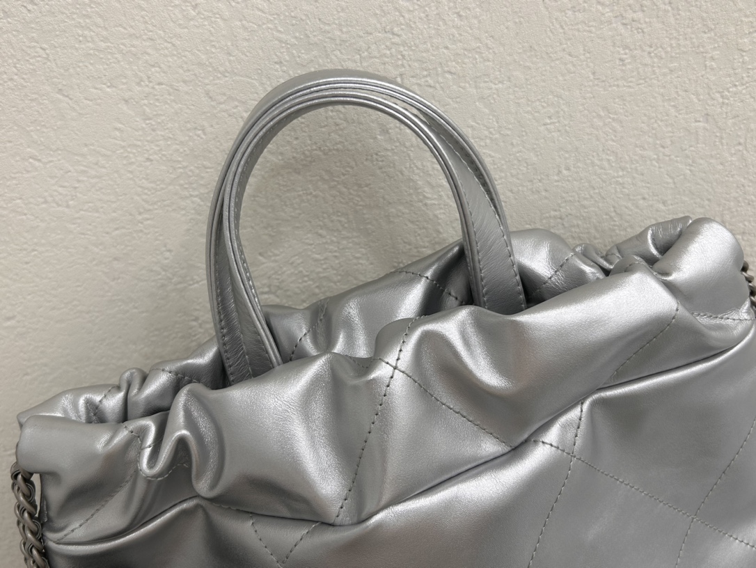 CHANEL Backpacks Shiny Calfskin & Gold-Tone Metal Silvery- AS3859