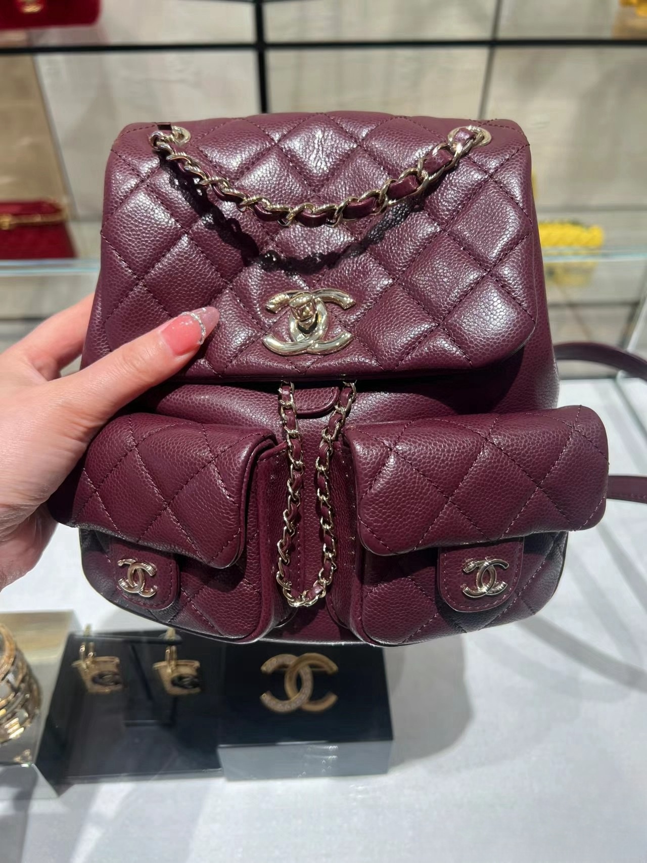 CHANEL Backpacks Grained Calfskin & Gold-Tone Metal Dark Burgundy-AS3860