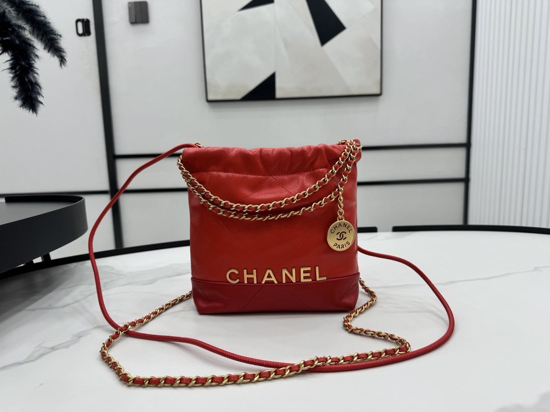 CHANEL CHANEL 22 Mini Handbag Shiny Calfskin, Imitation Pearls & Gold-Tone Metal Red- AS3980