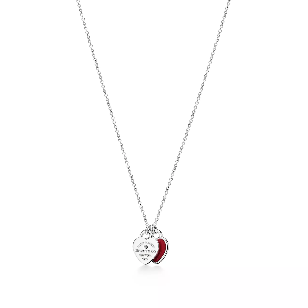 Red Double Heart Tag Pendant in Silver with a Diamond, Mini