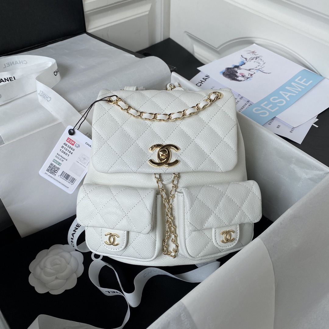 CHANEL Backpacks Grained Calfskin & Gold-Tone Metal White -AS3787