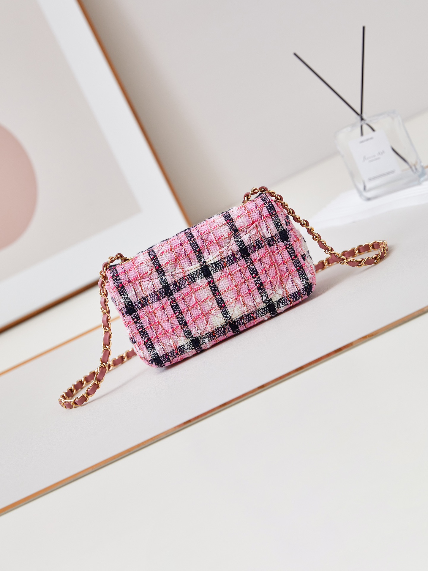 CHANEL Mini Classic Handbag & Gold-Tone Metal Pink Stripe-A69900