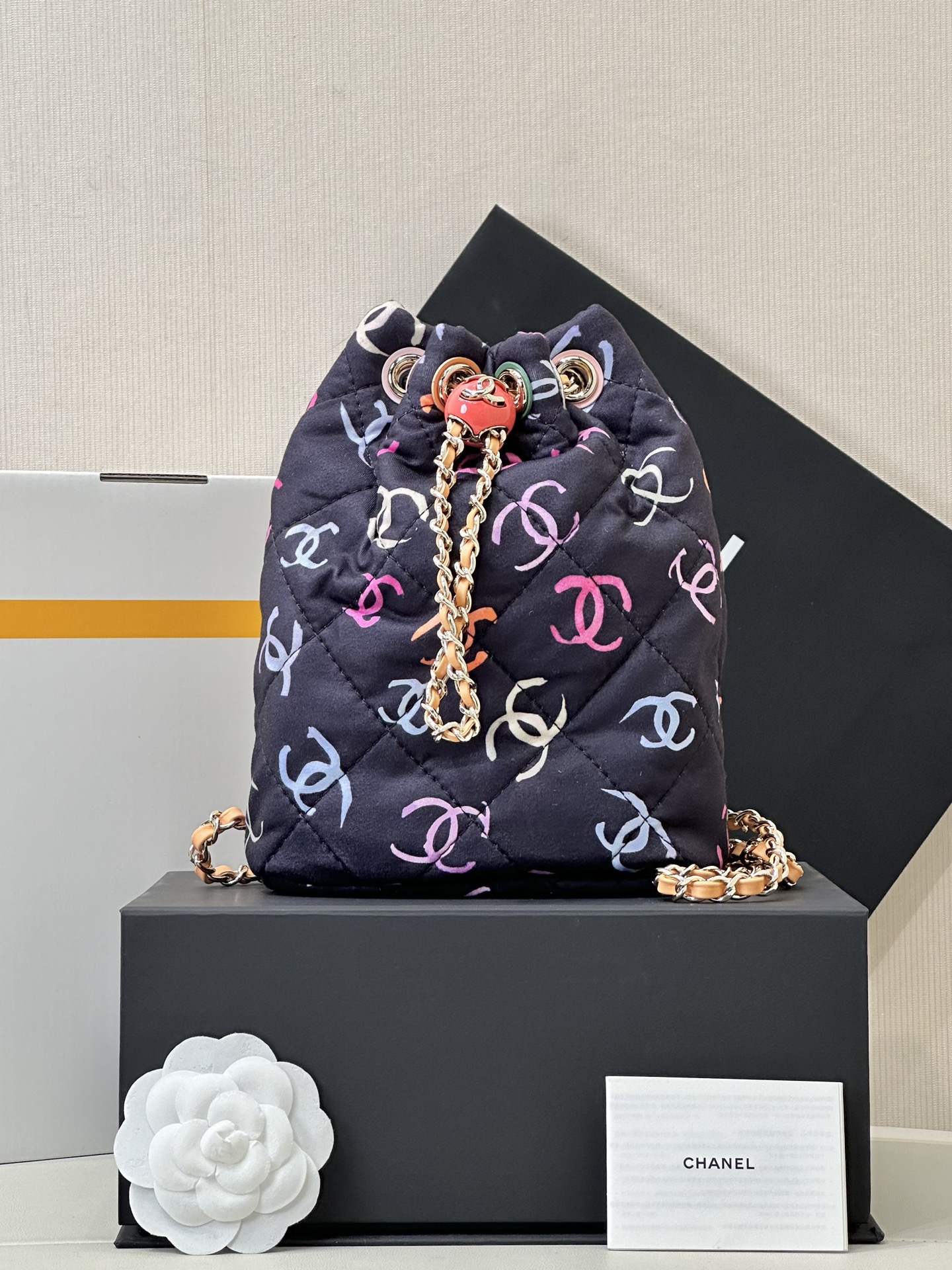 CHANEL Backpacks  Printed Fabric & Gold-Tone Metal Black & Multicolor-AS4810