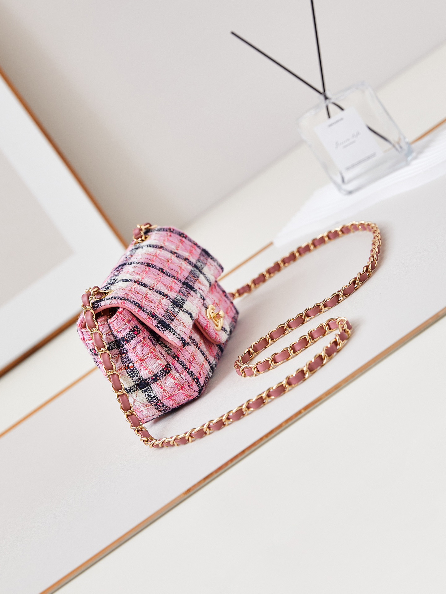 CHANEL Mini Classic Handbag & Gold-Tone Metal Pink Stripe-A69900