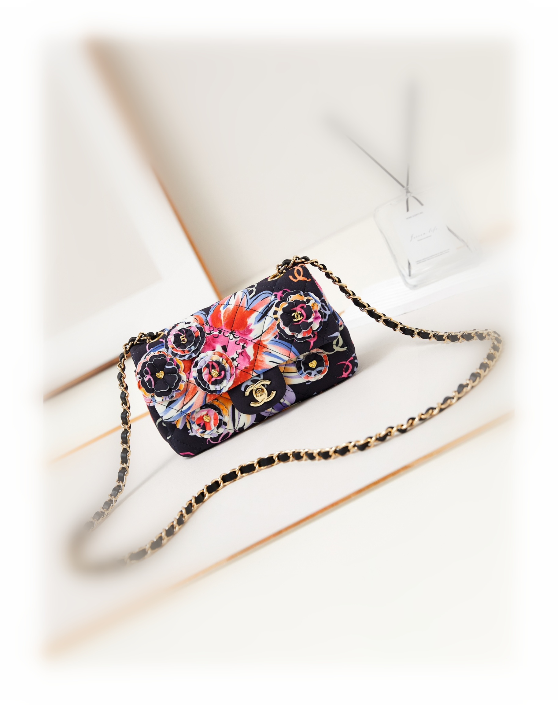 CHANEL Mini Classic Handbag & Gold-Tone Metal Camellia-A69900