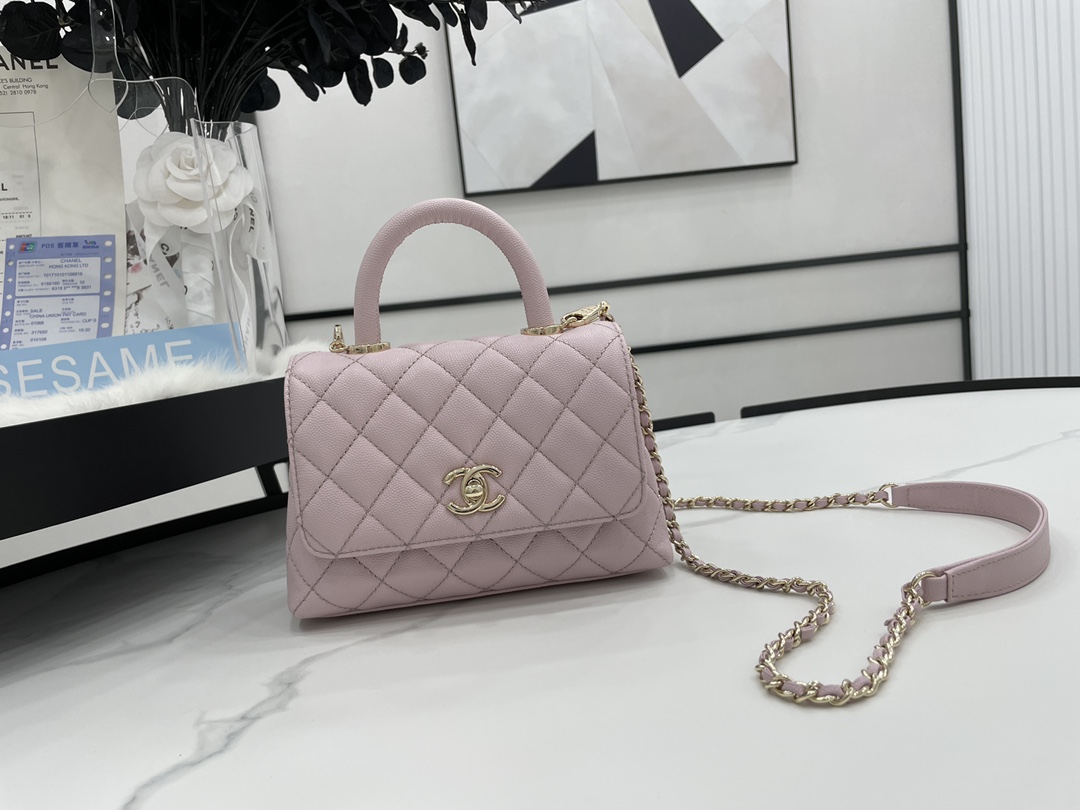 CHANEL Mini flap bag with handle Grain embossed calf leather with gold coloured metal Pink-AS2215