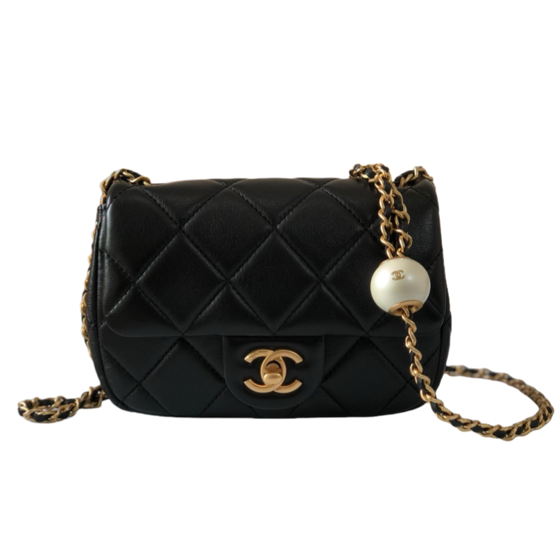 CHANEL Mini Flap Bag Shiny Lambskin, Imitation Pearls & Gold-Tone Metal White-AS4947
