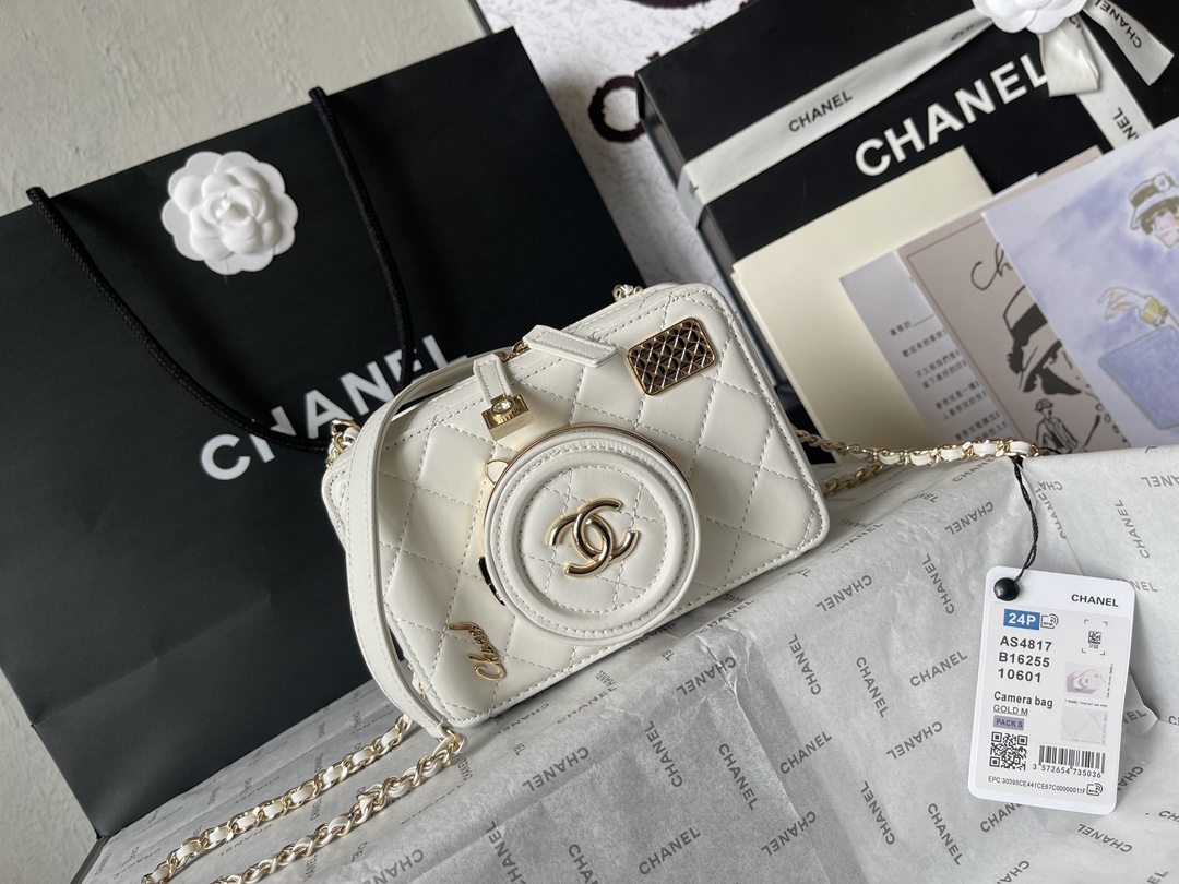 CHANEL Camera bag Sheep leather and gold metal White-AS4817