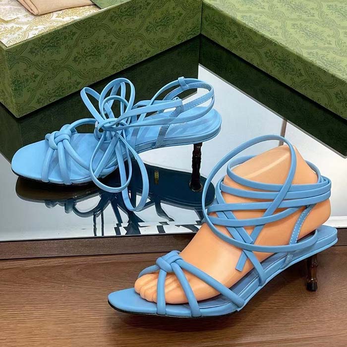 Gucci Women GG Strappy Sandal Bamboo Pastel Blue Leather Bamboo Low Heel
