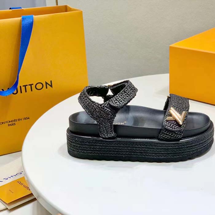 Louis Vuitton Women LV Cordoba Flat Comfort Sandal Black Raffia Rubber 4CM Heel