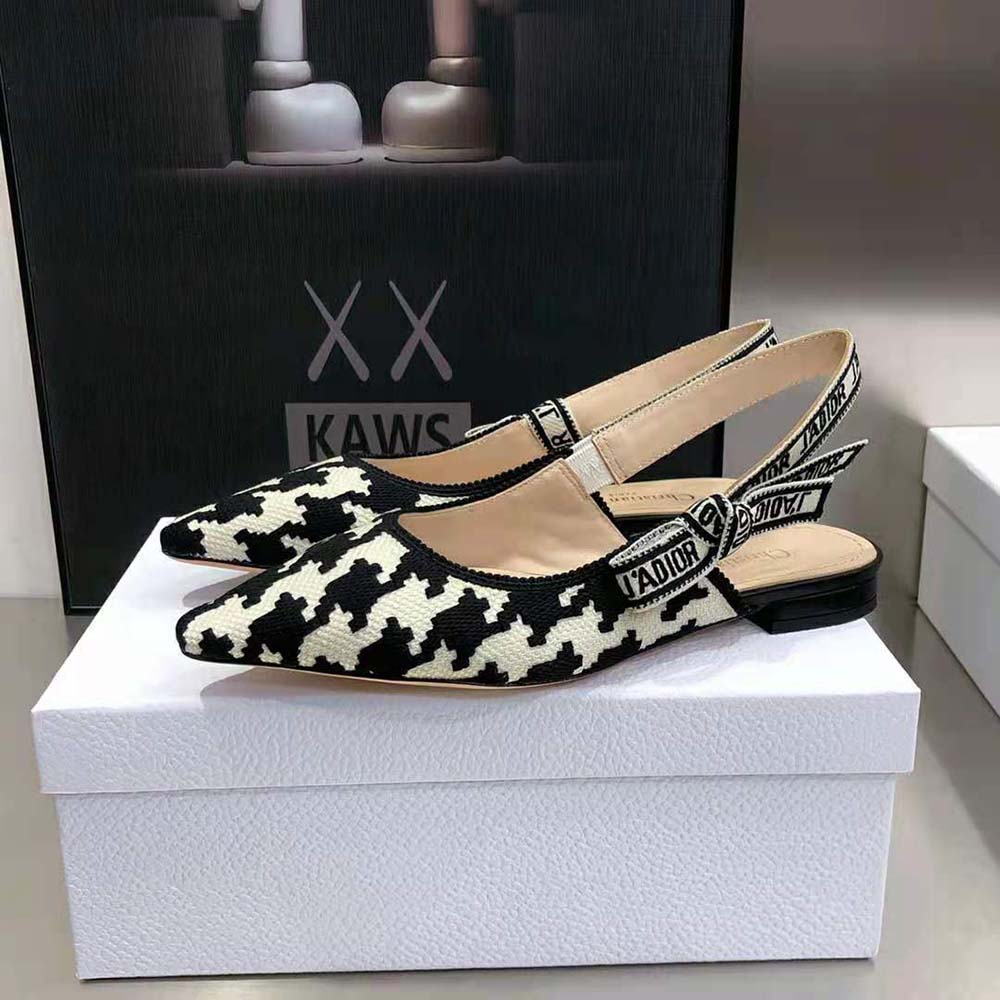 Dior Women J’Adior Slingback Ballerina Flat Black and White Cotton Embroidery