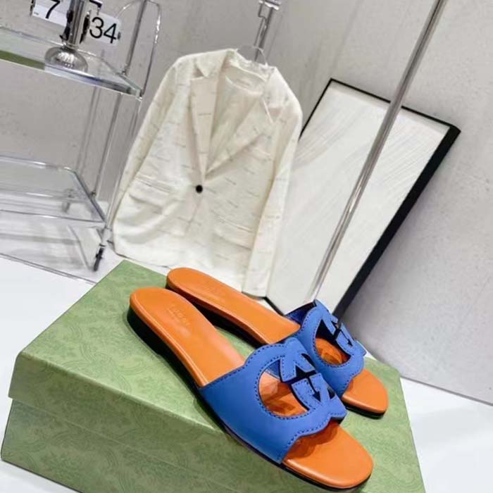 Gucci Unisex Interlocking G Cut-Out Slide Sandal Blue Orange Suede Flat