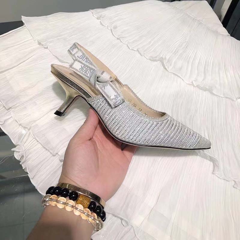 Dior Women CD J’Adior Slingback Pump White Cotton Embroidered Silver-Tone Strass