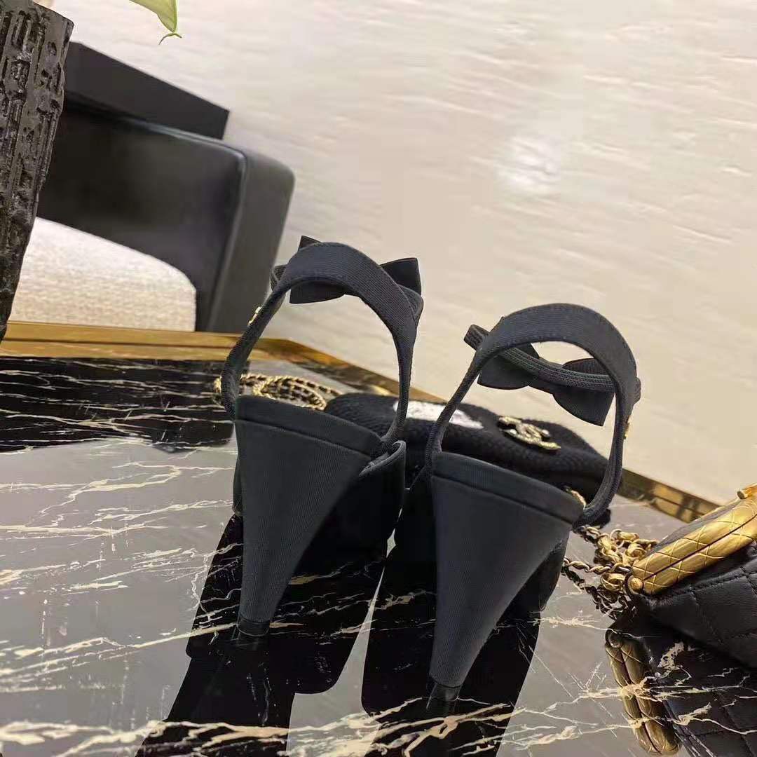 Chanel Women Pumps Grosgrain & Satin Black 10.5 cm Heel