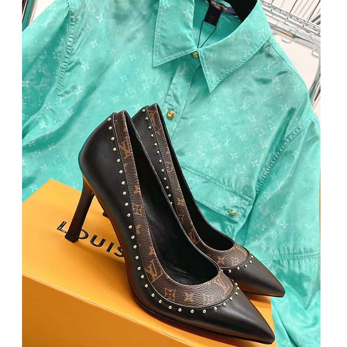 Louis Vuitton LV Women Signature Pump Black Calf Leather Patent Monogram Canvas 9.5 Cm Heel