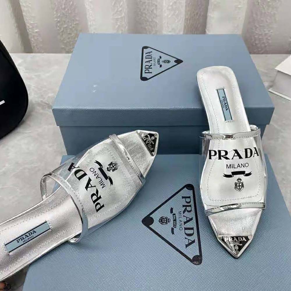 Prada Women Logo-Print Plexiglas Slides-Silver