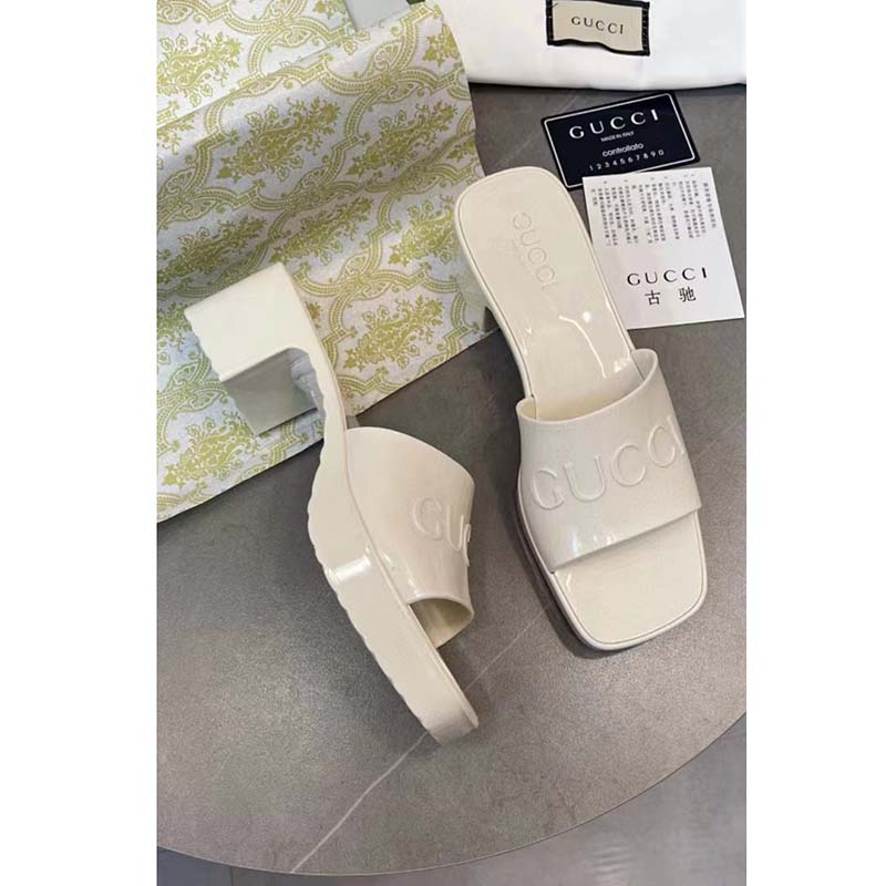 Gucci Women GG Rubber Slide Sandal White Mid-Heel 6 Cm Heel