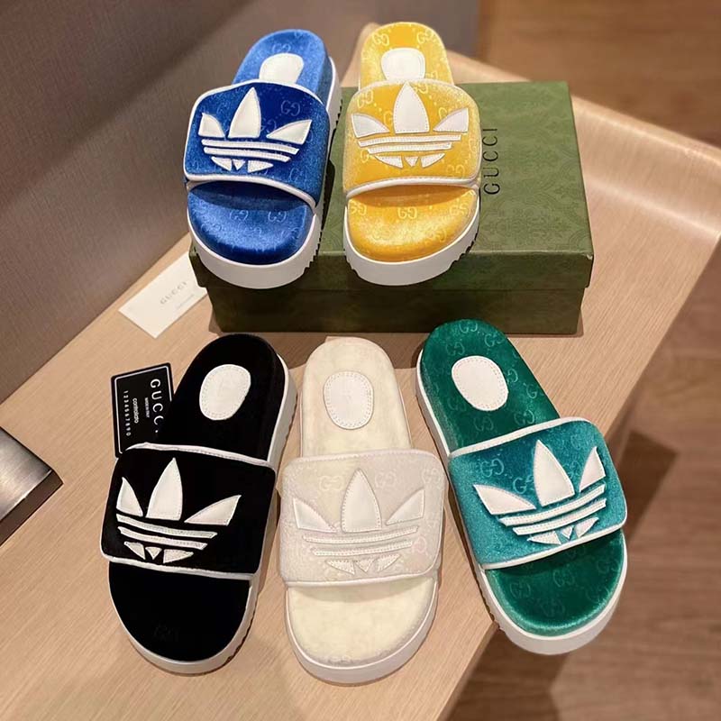 Gucci Unisex Adidas x Gucci GG Platform Sandal Blue GG Cotton Sponge