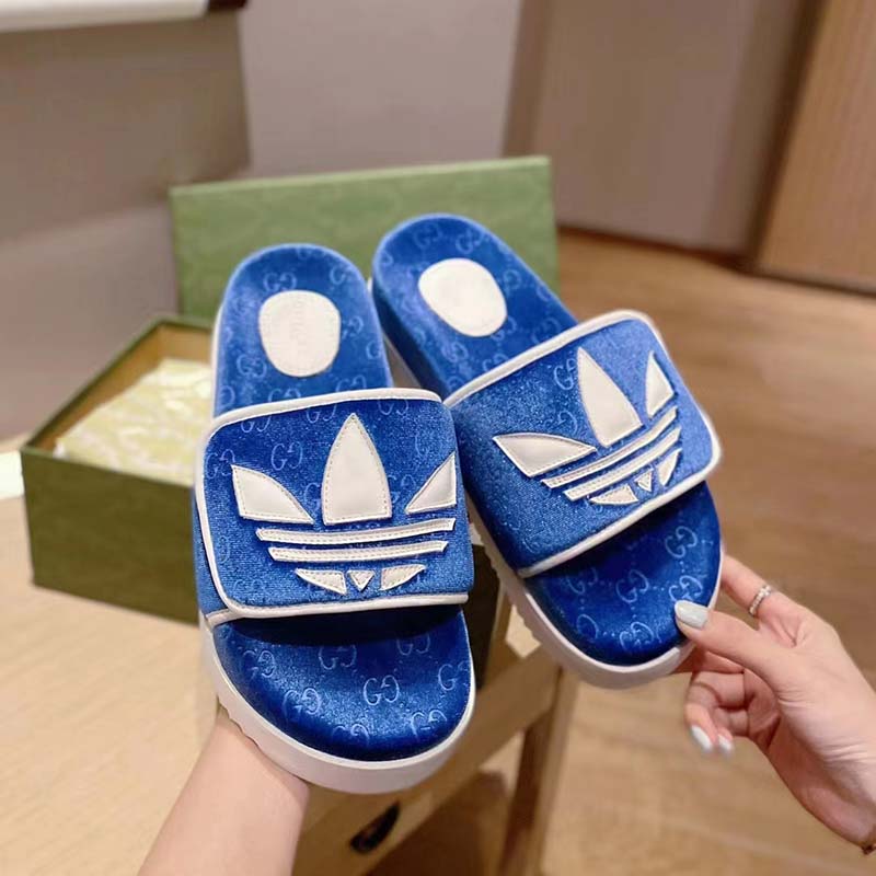 Gucci Unisex Adidas x Gucci GG Platform Sandal Blue GG Cotton Sponge
