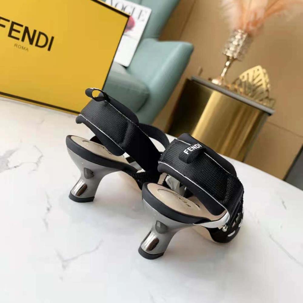 Fendi Women Colibri Black Mesh Medium-Heel Slingbacks with Metal Stitches
