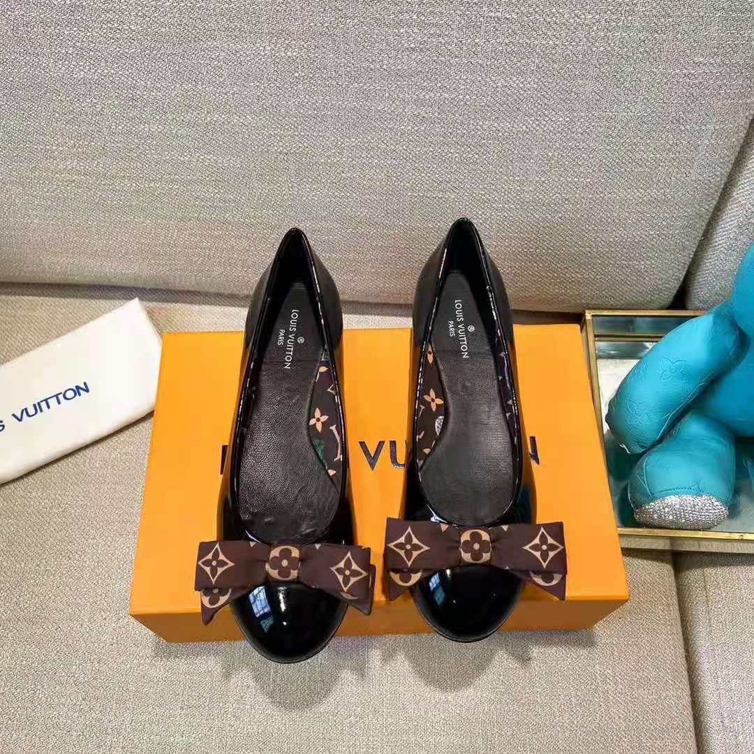 Louis Vuitton LV Women Popi Flat Ballerina Black Patent Calf Leather Monogram Nylon Bow