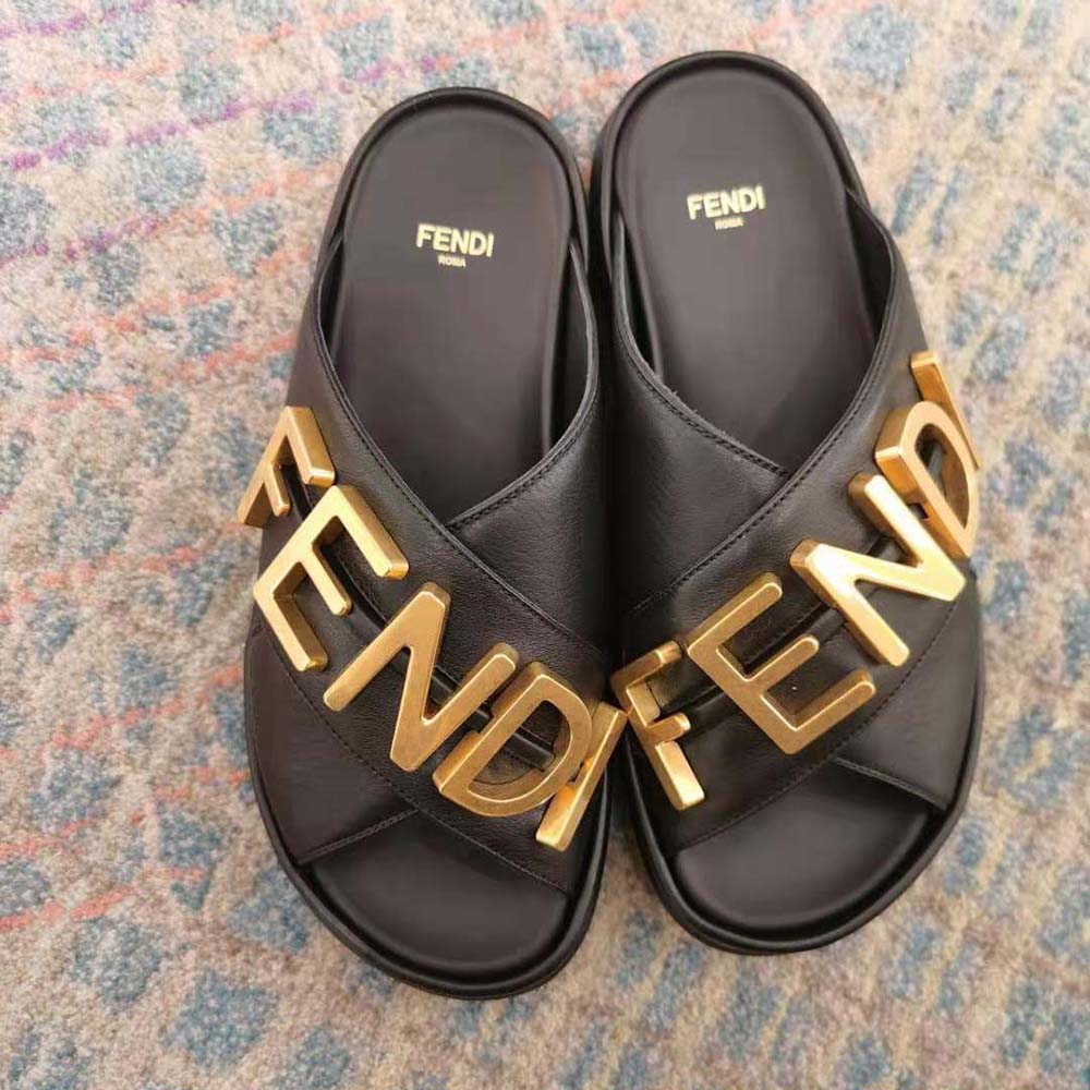 Fendi Women Fendigraphy Black Leather Slides