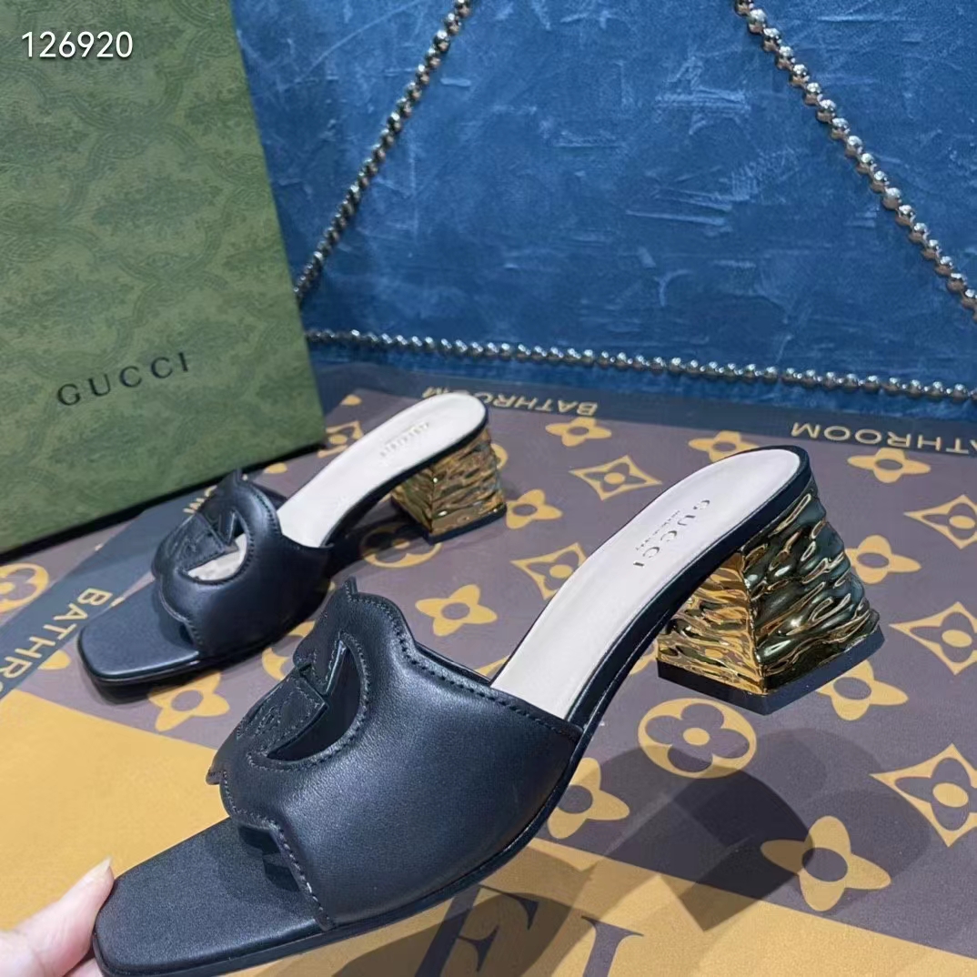 Gucci Women Interlocking G Cut-Out Sandal Black Leather Mid-Heel 5 cm Heel