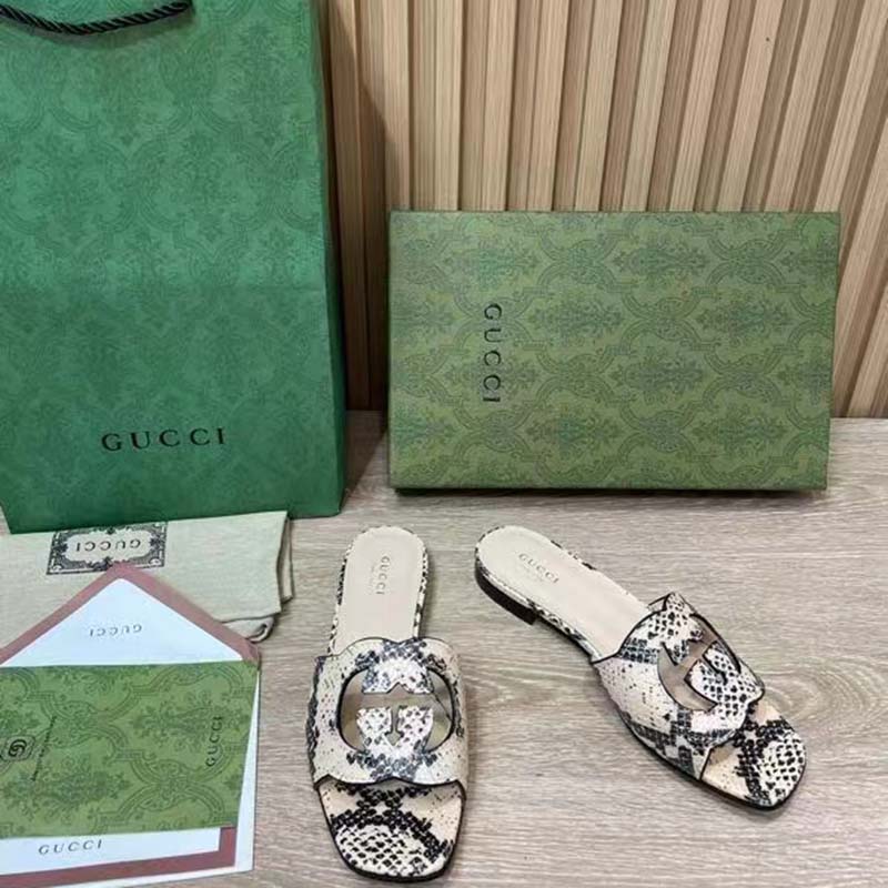Gucci Women Interlocking G Cut Out Slide Sandal Beige Black Python Print Leather Flat