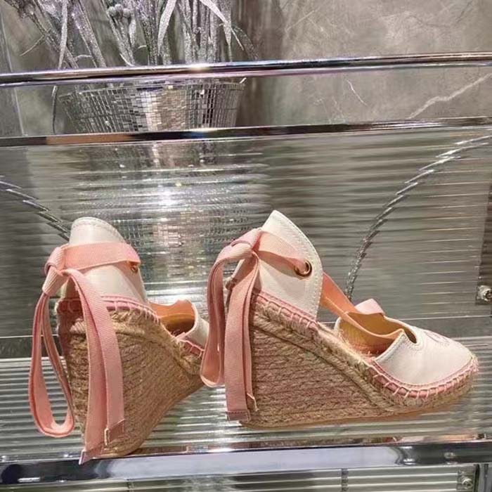 Gucci Women Espadrille Ribbon Tie Interlocking G Embroidery White Cotton Canvas Peep Toe