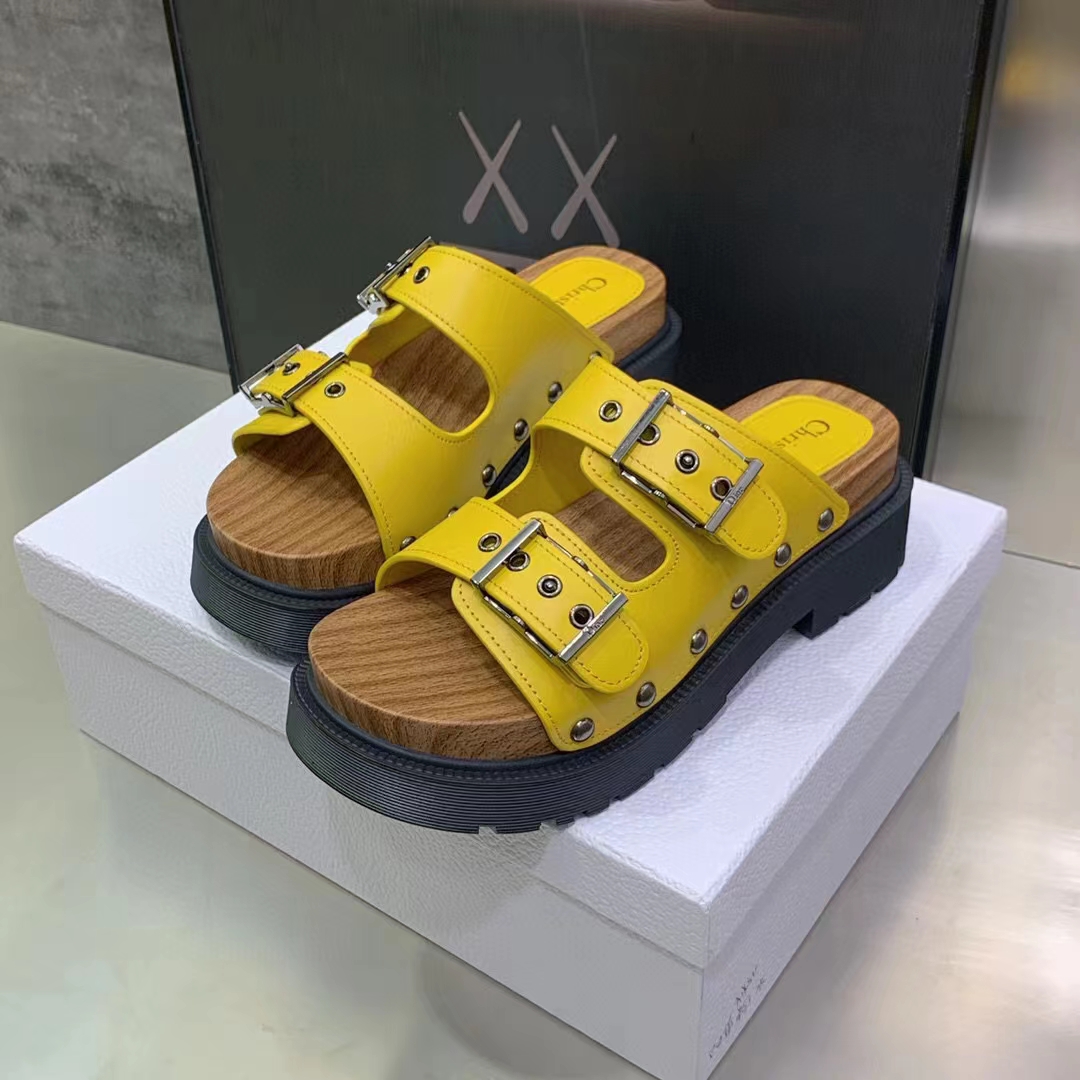 Dior Women Shoes CD Diorquake Strap Sandal Yellow Calfskin Wooden Insole