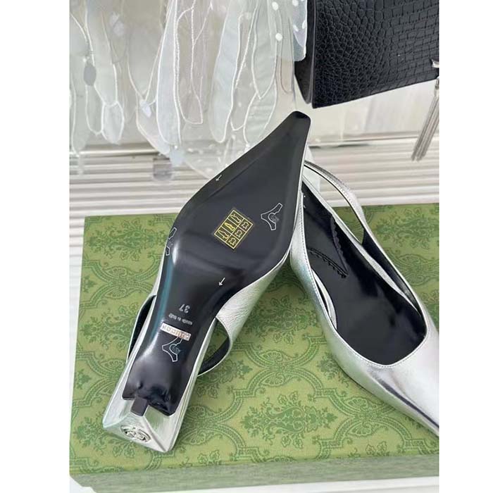 Gucci Women GG Slingback Pump Metallic Silver Leather Interlocking G Square Upper Mid-Heel