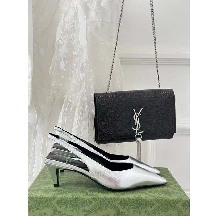 Gucci Women GG Slingback Pump Metallic Silver Leather Interlocking G Square Upper Mid-Heel