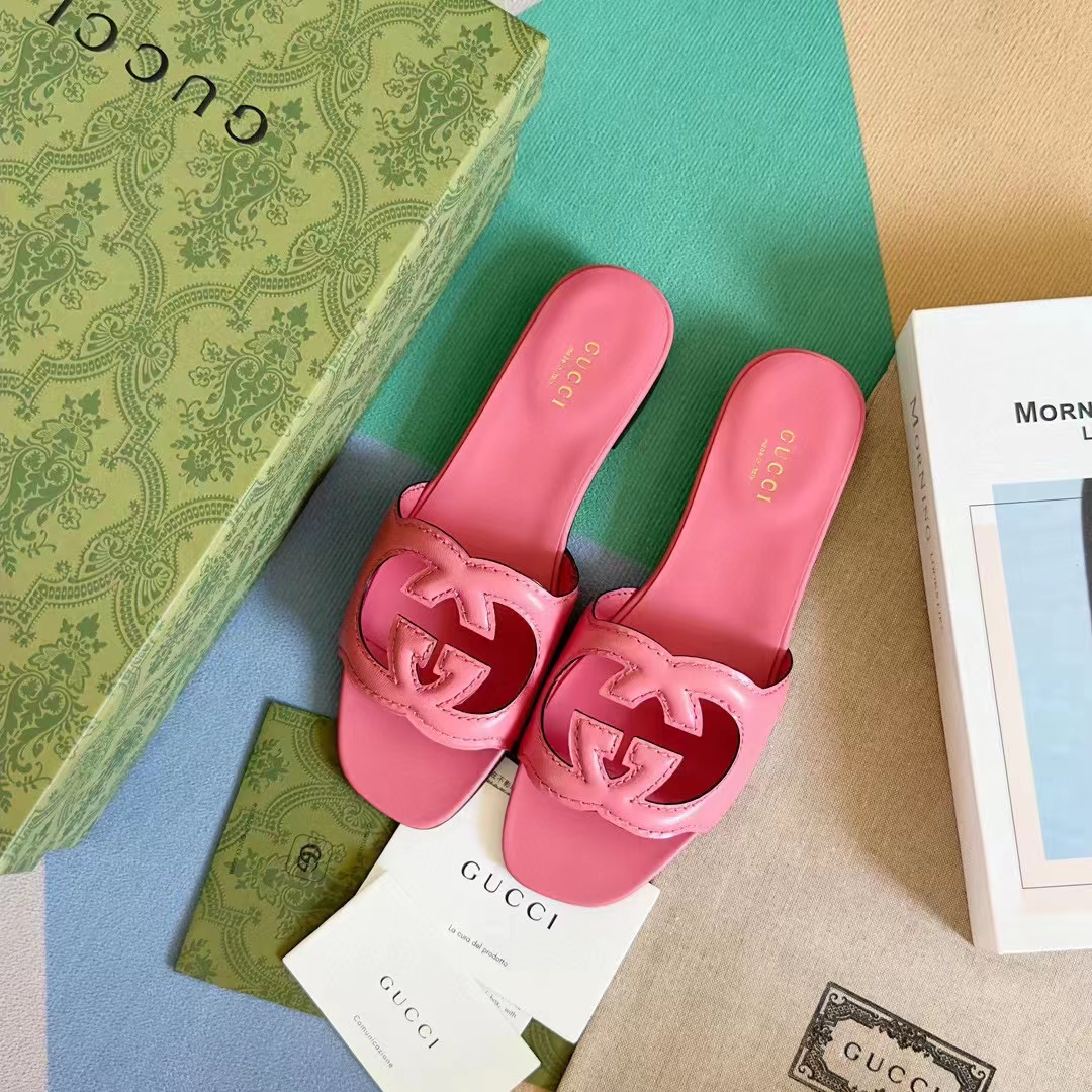 Gucci Women Interlocking G Cut Out Slide Sandal Dark Pink Leather Flat